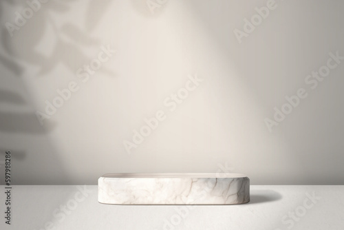 Fototapeta Naklejka Na Ścianę i Meble -  Minimal white marble stone podium, sunlight, leaf shadow on beige brown stucco cement wall for luxury organic cosmetic, skincare, beauty treatment product background 3D 