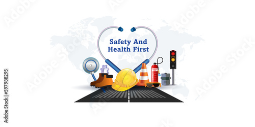 Concept of Labor day, Workers Safety and Health at Work. Background of Road, Fire safety cylinder, helmet and Medical equipment.