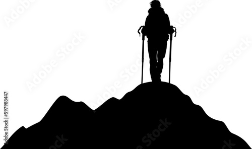 Silhouette: Landschaft mit Berg und Wanderer - Bergsteiger auf dem Gipfel