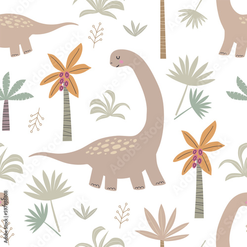 Kids seamless pattern of cute dinosaurs and jungle, palm tree. Vector childish background for fabric, textile, nursery decor © Nadezhda Mih
