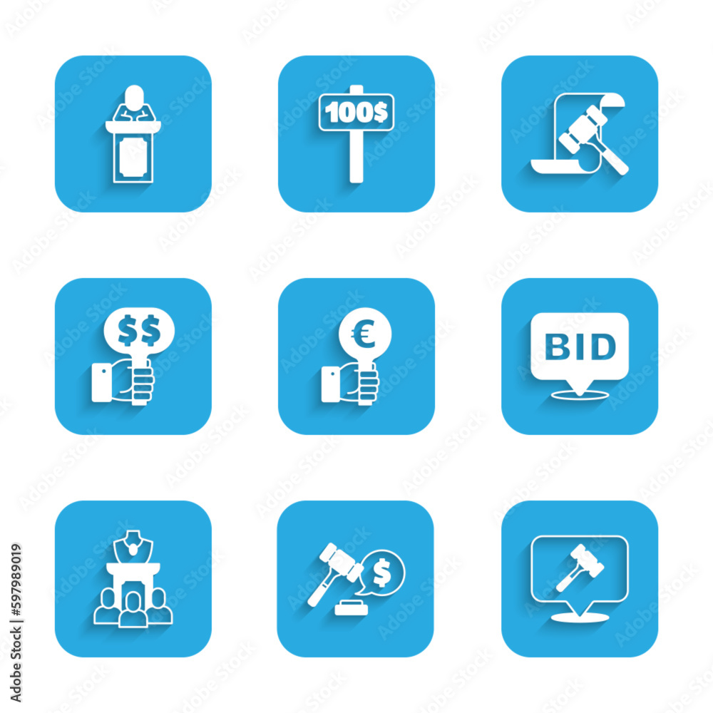Set Hand holding auction paddle, Auction hammer price, Bid, jewelry sale, and auctioneer sells icon. Vector Set Hand holding auction paddle, Auction hammer price, Bid, jewelry sale, and auctioneer sells icon. Vector