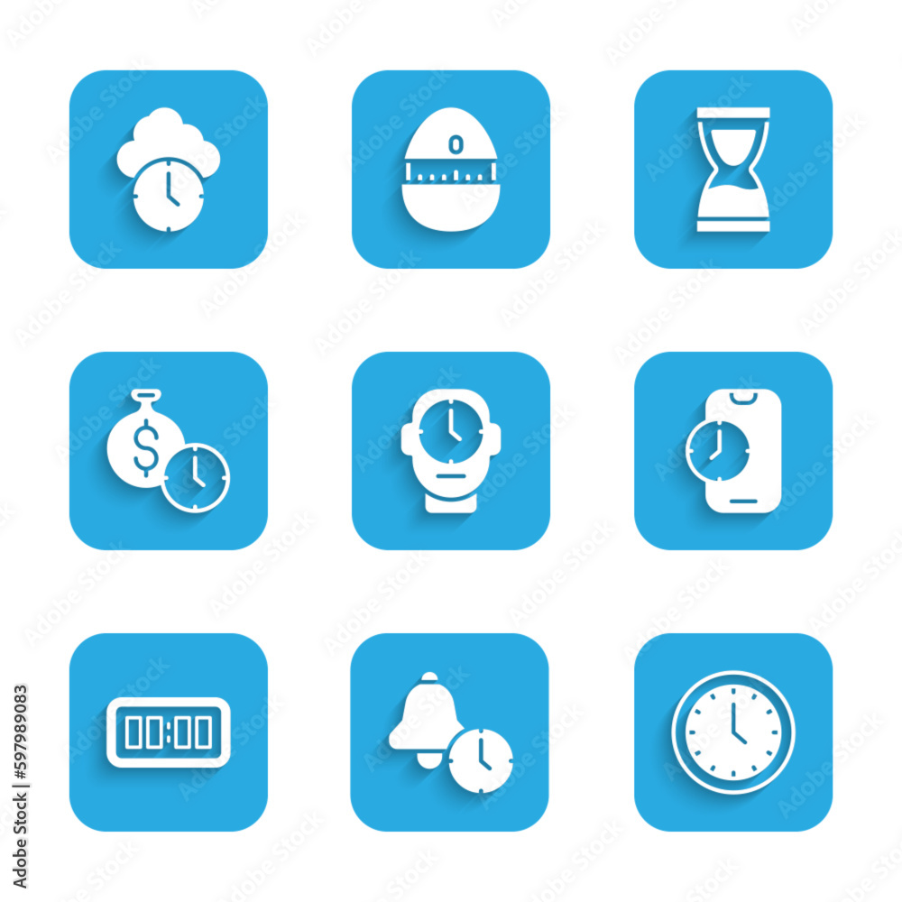 Set Clock, Alarm clock, app mobile, Digital alarm, Time is money, Old hourglass and icon. Vector