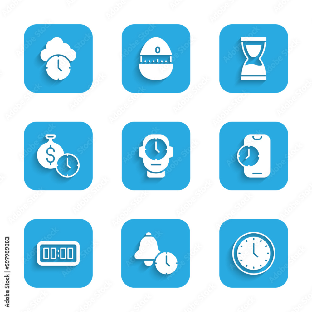 Set Clock, Alarm clock, app mobile, Digital alarm, Time is money, Old hourglass and icon. Vector Set Clock, Alarm clock, app mobile, Digital alarm, Time is money, Old hourglass and icon. Vector