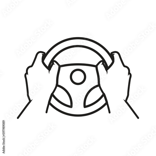 Vector icon of car steering wheel and driver's hands.