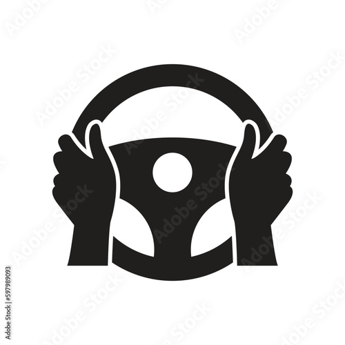 Vector icon of car steering wheel and driver's hands.