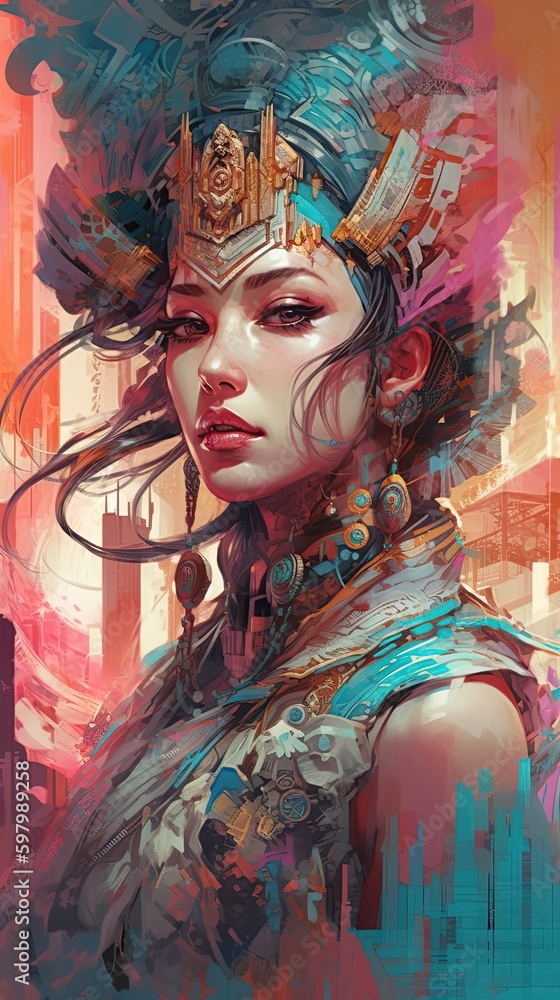 Title: Illustration of a Fantasy woman and abstract art, AI Generated