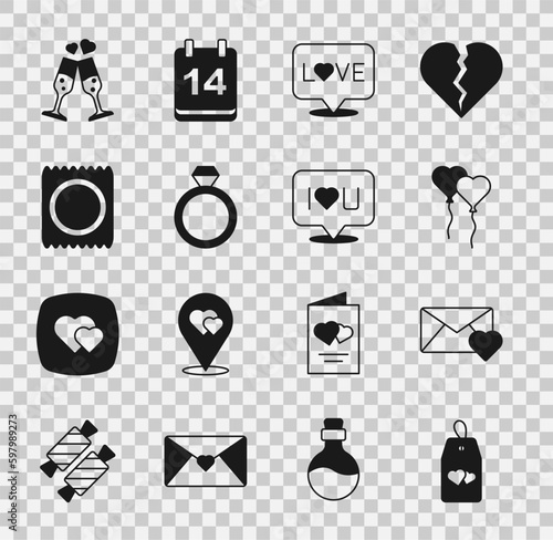 Set Please do not disturb with heart, Envelope Valentine, Balloons form of, Love text, Wedding rings, Condom package, Glass champagne and Speech bubble I love you icon. Vector