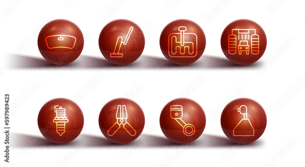 Set line Windshield, Car spark plug, wash, Engine piston, battery jumper power cable, Windscreen wiper, Gear shifter and icon. Vector Set line Windshield, Car spark plug, wash, Engine piston, battery jumper power cable, Windscreen wiper, Gear shifter and icon. Vector