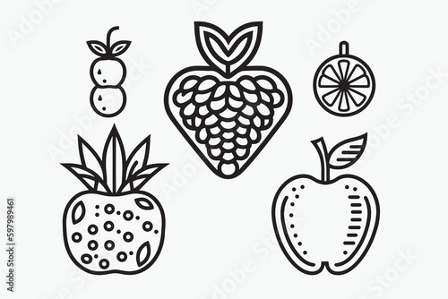 Fruit Icon set  cartoon fruits isolated on white background  Simple lineart outline elements collection  clean simple design