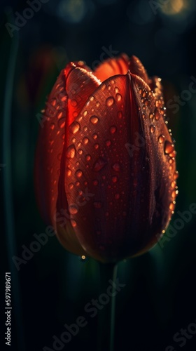 Dewy Red Tulip Flower in Soft Cinematic Light. Generative AI.