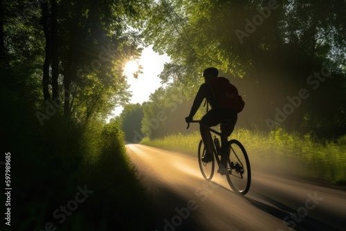Cyclist riding on a scenic path, with a focus on the bike and path. 