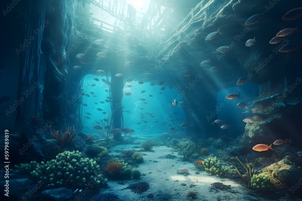 A dreamy underwater world with colorful coral reefs. Created with generative AI.