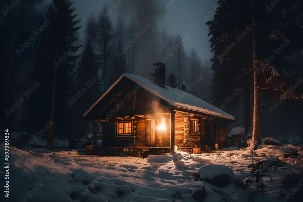 A cozy cabin in a snowy forest with a warm fire. Created with generative AI.