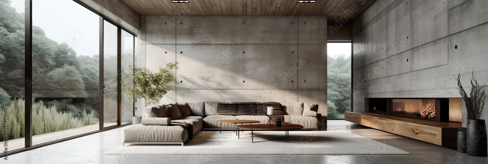 Loft interior design of modern living room with sofa and fireplace. Concrete paneling walls and floor. Created with generative AI Loft interior design of modern living room with sofa and fireplace. Concrete paneling walls and floor. Created with generative AI