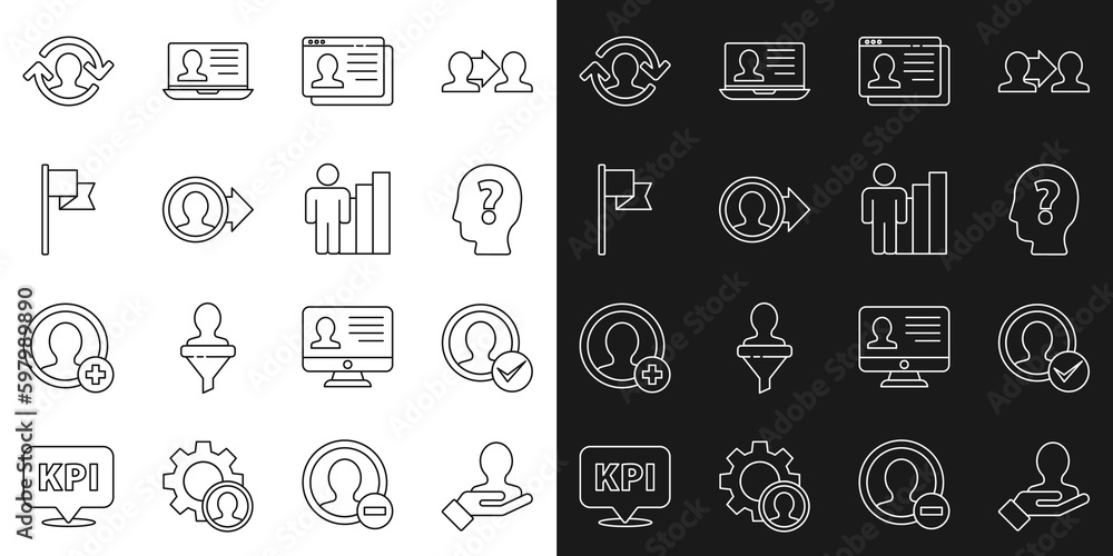 Set line Hand for search a people, Create account screen, Head with question mark, Resume, Location marker, Human resources and Productive human icon. Vector