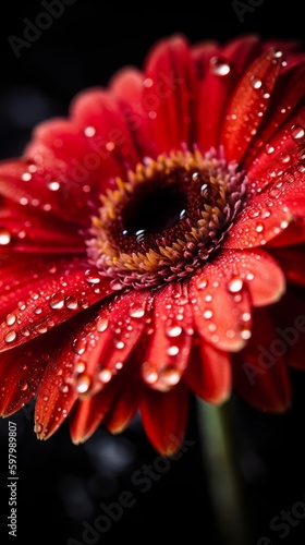 Dewy Red Gerbera Daisy Flower in Soft Cinematic Light. Generative AI.