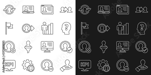 Set line Hand for search a people, Create account screen, Head with question mark, Resume, Location marker, Human resources and Productive human icon. Vector
