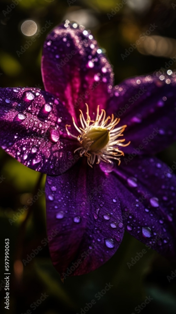 Cinematic Shot of Purple Clematis Flower with Dew on Petals. Generative AI. Cinematic Shot of Purple Clematis Flower with Dew on Petals. Generative AI.