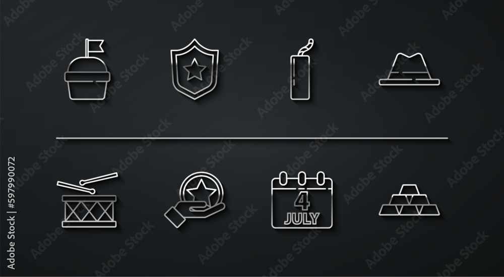 Set line Cake, Drum and drum sticks, Man hat with ribbon, Calendar date July 4, USA Independence day, Police badge, Gold bars and Dynamite bomb icon. Vector Set line Cake, Drum and drum sticks, Man hat with ribbon, Calendar date July 4, USA Independence day, Police badge, Gold bars and Dynamite bomb icon. Vector