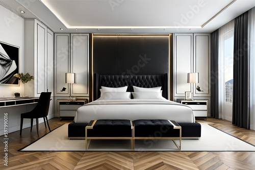 Interior design of a glamorous black and white bedroom with luxurious velvet furniture  metallic accents  and statement lighting   Generative AI