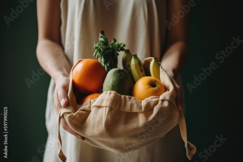 Hands holding a reusable grocery bag filled with healthy food items like fruits and vegetables.
