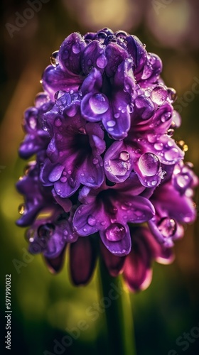 Cinematic Shot of Purple Hyacinth Flower with Dew Drops on Petals. Generative AI.