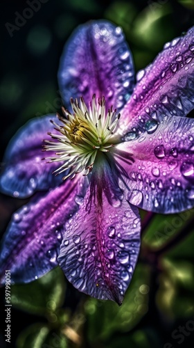 Cinematic Shot of Purple Clematis Flower with Dew on Petals. Generative AI.