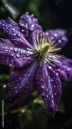 Cinematic Shot of Purple Clematis Flower with Dew on Petals. Generative AI.