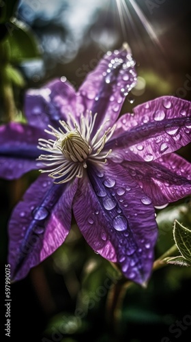 Cinematic Shot of Purple Clematis Flower with Dew on Petals. Generative AI.