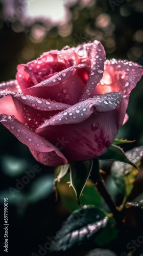 Cinematic Shot of Soft Pink Rose Flower with Dew on Petals. Generative AI.