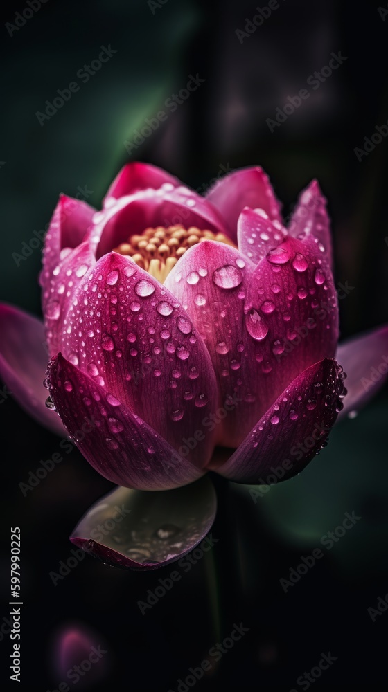 Cinematic Shot of Soft Pink Lotus Flower with Dew on Petals. Generative AI. Cinematic Shot of Soft Pink Lotus Flower with Dew on Petals. Generative AI.