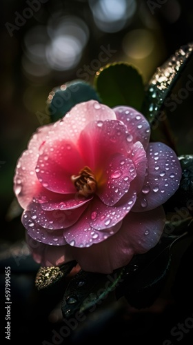 Softly Lit Pink Camellia Flower with Dew Drops on Petals. Generative AI.