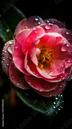 Softly Lit Pink Camellia Flower with Dew Drops on Petals. Generative AI.