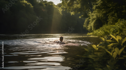 A Swimmer Doing Laps in a Pristine Lake Surrounded by Nature, generative AI