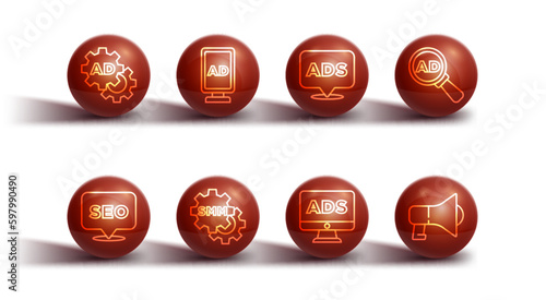 Set line Advertising, SEO optimization, Social media marketing, Megaphone and icon. Vector