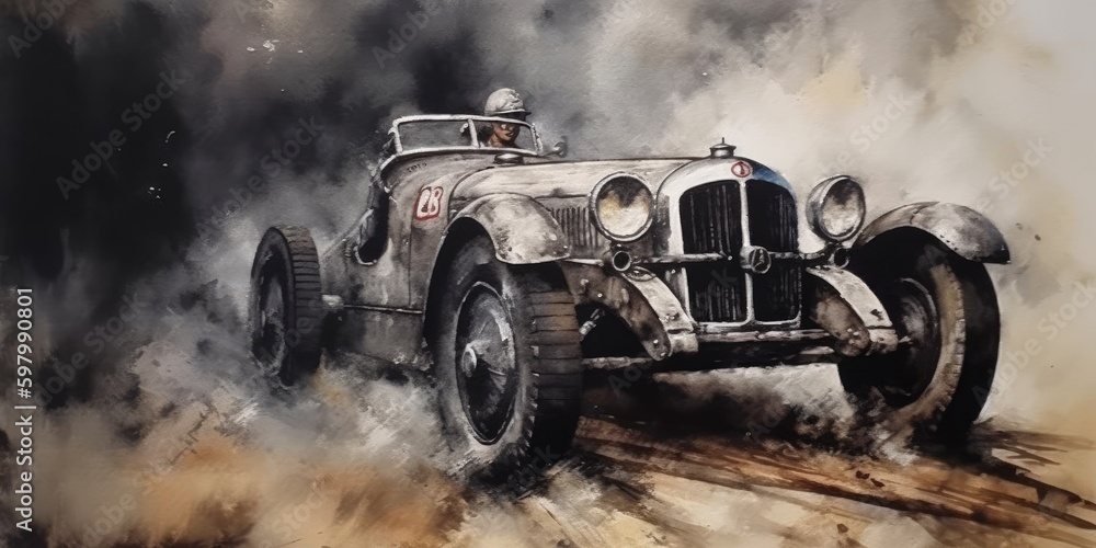Obraz premium Oldschool racing car, watercolor painting, generative ai