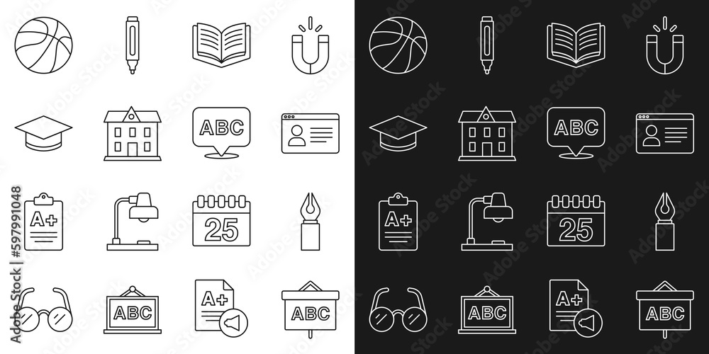 Set line Chalkboard, Fountain pen nib, Online class, Open book, School building, Graduation cap, Basketball ball and Alphabet icon. Vector