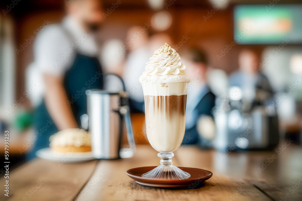 Fototapeta premium Vienna coffee. Coffee with whipped cream on wooden table on blurred cafe interior background. Front view. Generative ai