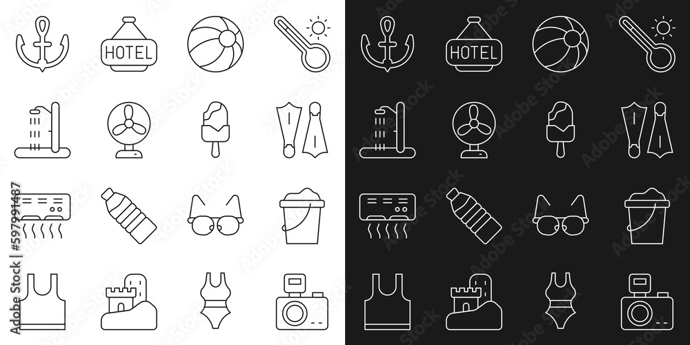 Set line Photo camera with flash, Sand in bucket, Rubber flippers for swimming, Beach ball, Electric fan, shower, Anchor and Ice cream icon. Vector Set line Photo camera with flash, Sand in bucket, Rubber flippers for swimming, Beach ball, Electric fan, shower, Anchor and Ice cream icon. Vector
