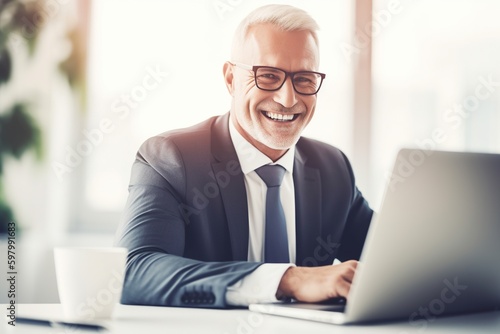 A smiling businessman works on a laptop at his office desk, with natural and man-made elements combining to create a free-associative, smooth and polished look - AI Generative photo