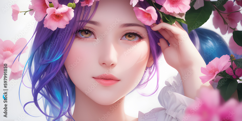 Illustration, a very beautiful girl, against the background of a tree with pink flowers. Generative AI