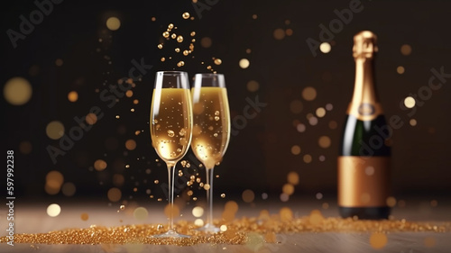 Two champagne glasses, party, celebrating, new years eve, VIP party, luxurious, Generative AI