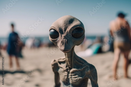 funny alien dude on the beach, created with generative ai photo