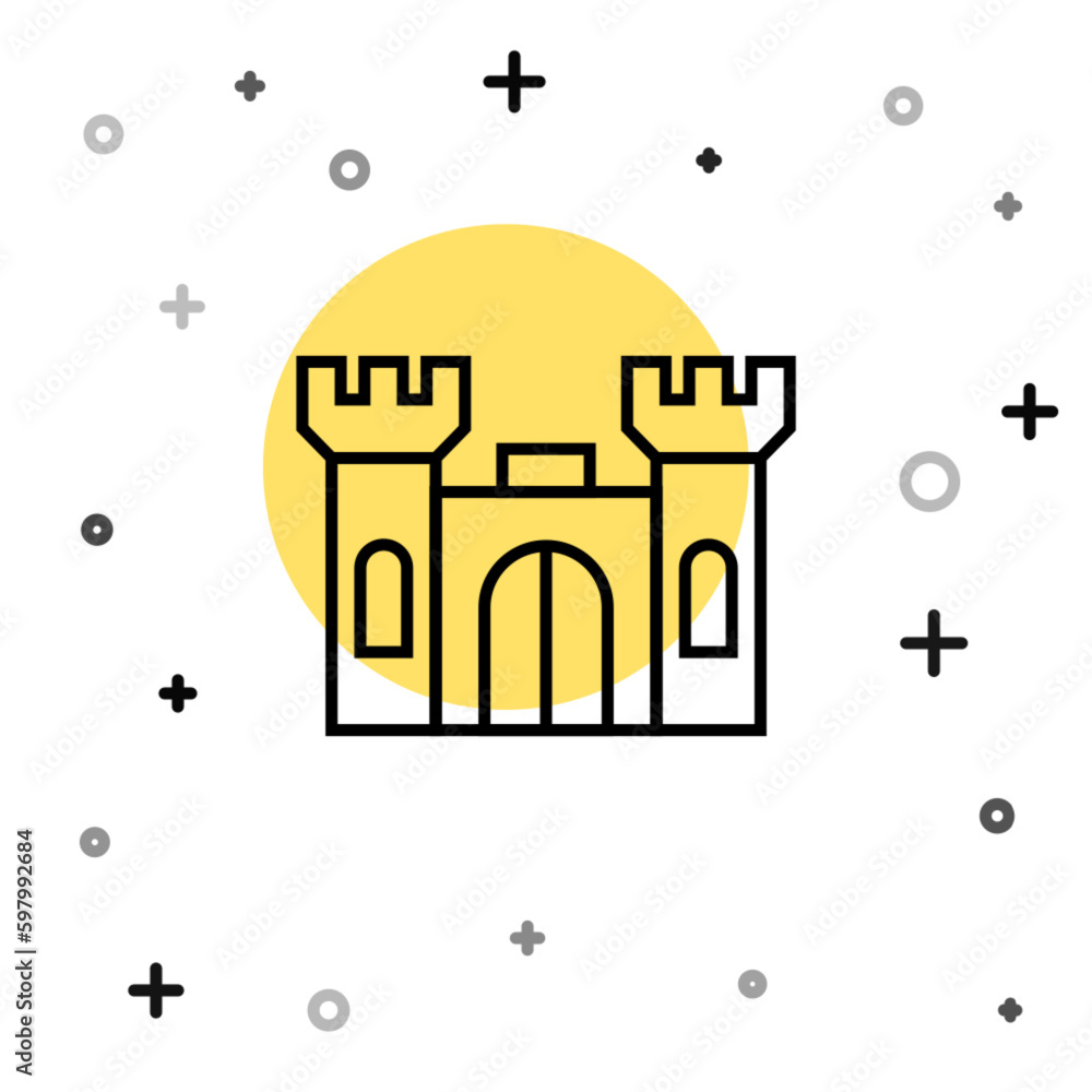 Black line Castle icon isolated on white background. Random dynamic shapes. Vector Black line Castle icon isolated on white background. Random dynamic shapes. Vector