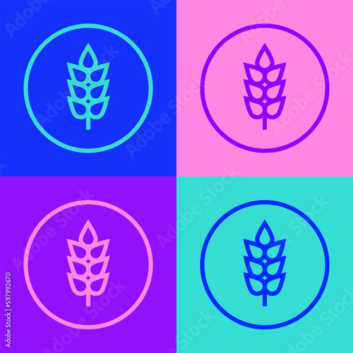 Pop art line Cereals set with rice, wheat, corn, oats, rye, barley icon isolated on color background. Ears of wheat bread symbols. Vector