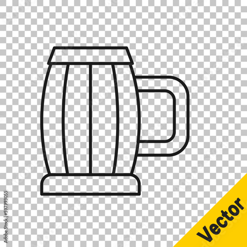 Black line Wooden beer mug icon isolated on transparent background. Vector
