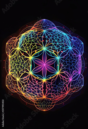 Neon flower of life in the shape of a geometric hexagon. AI Generated photo