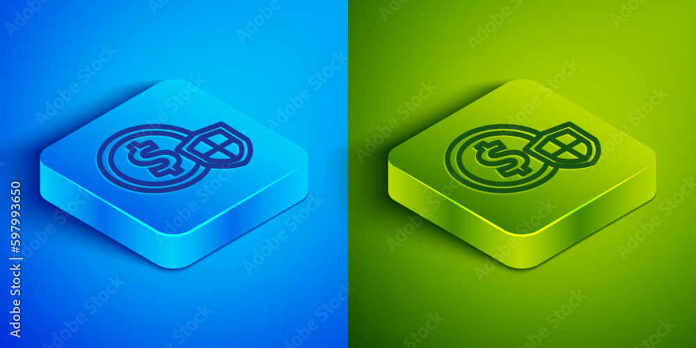 Isometric line Money with shield icon isolated on blue and green background. Insurance concept. Security, safety, protection, protect concept. Square button. Vector Isometric line Money with shield icon isolated on blue and green background. Insurance concept. Security, safety, protection, protect concept. Square button. Vector