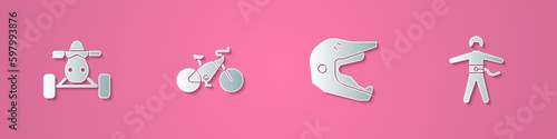 Set paper cut ATV motorcycle, Bicycle, Motocross helmet and Bungee jumping icon. Paper art style. Vector