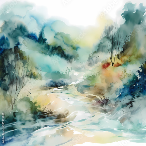 Forest River Watercolor. Generative AI